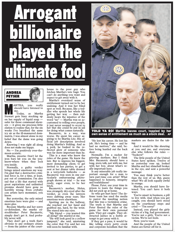 Andrea Peyser's column with the headline Arrogant Billionare Played The Ultimate Fool.